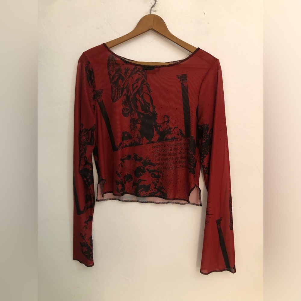 Hot Topic Top Women's XL Sheer Long Sleeve Crop top Grunge Whimsygoth Red Black